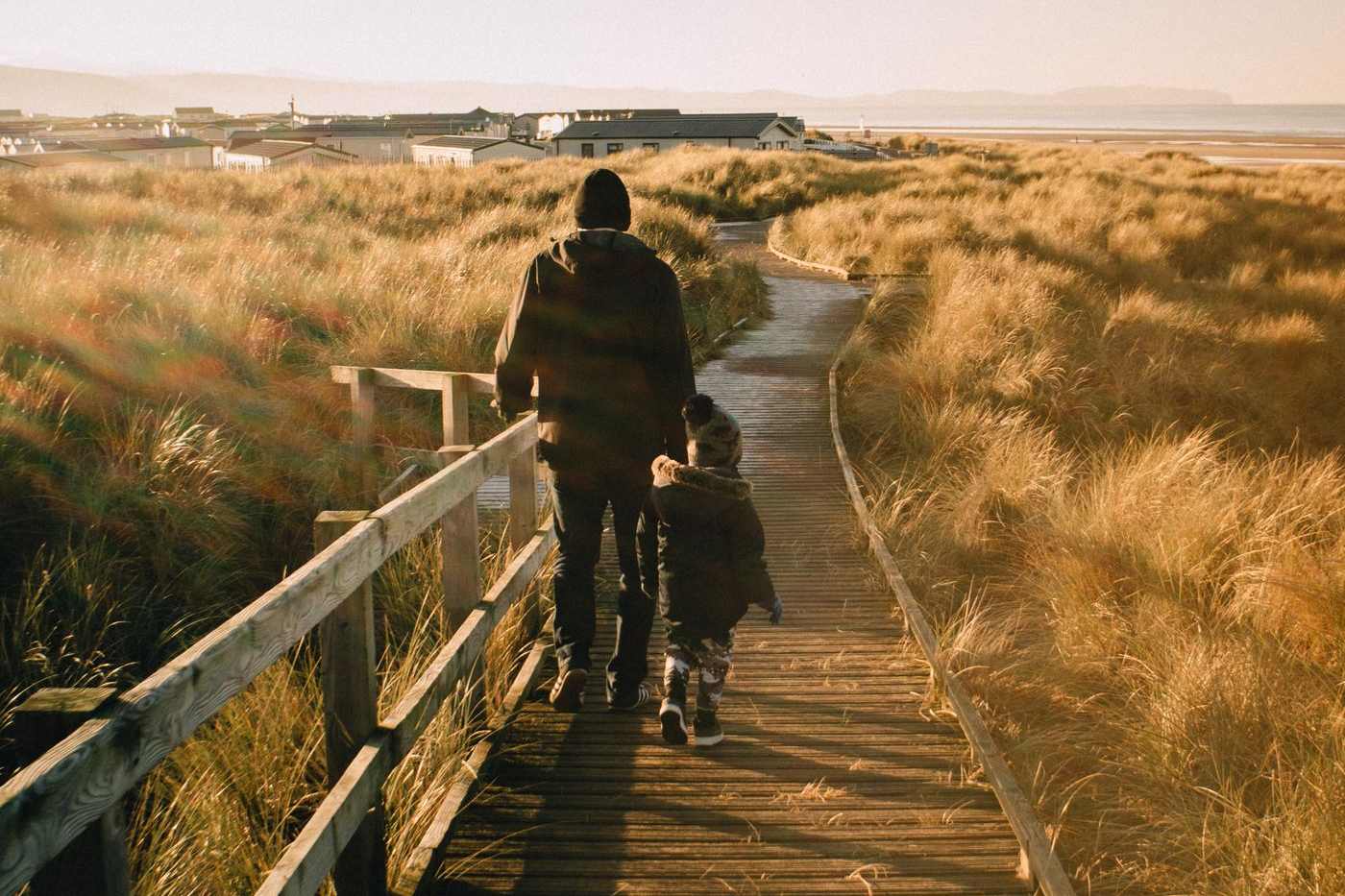 Seen from behind, a father and a small child walk a boardwalk through golden dune grass in early morning light
